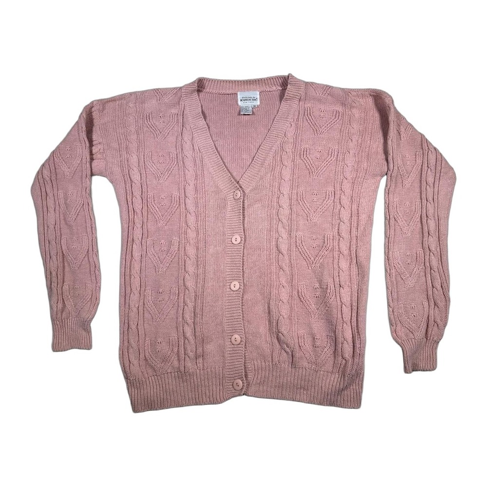 Vintage Brownstone Studio Pink‎ Heart Cable Knit Button Cardigan Sweater Women M